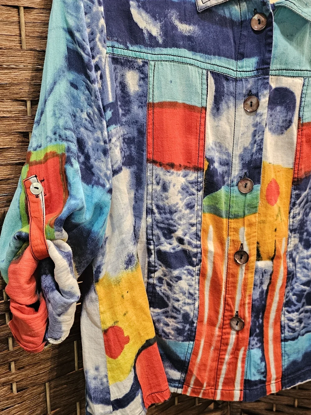 Parsley & Sage Turquoise Blue Multi-Color Abstract Button Jacket
